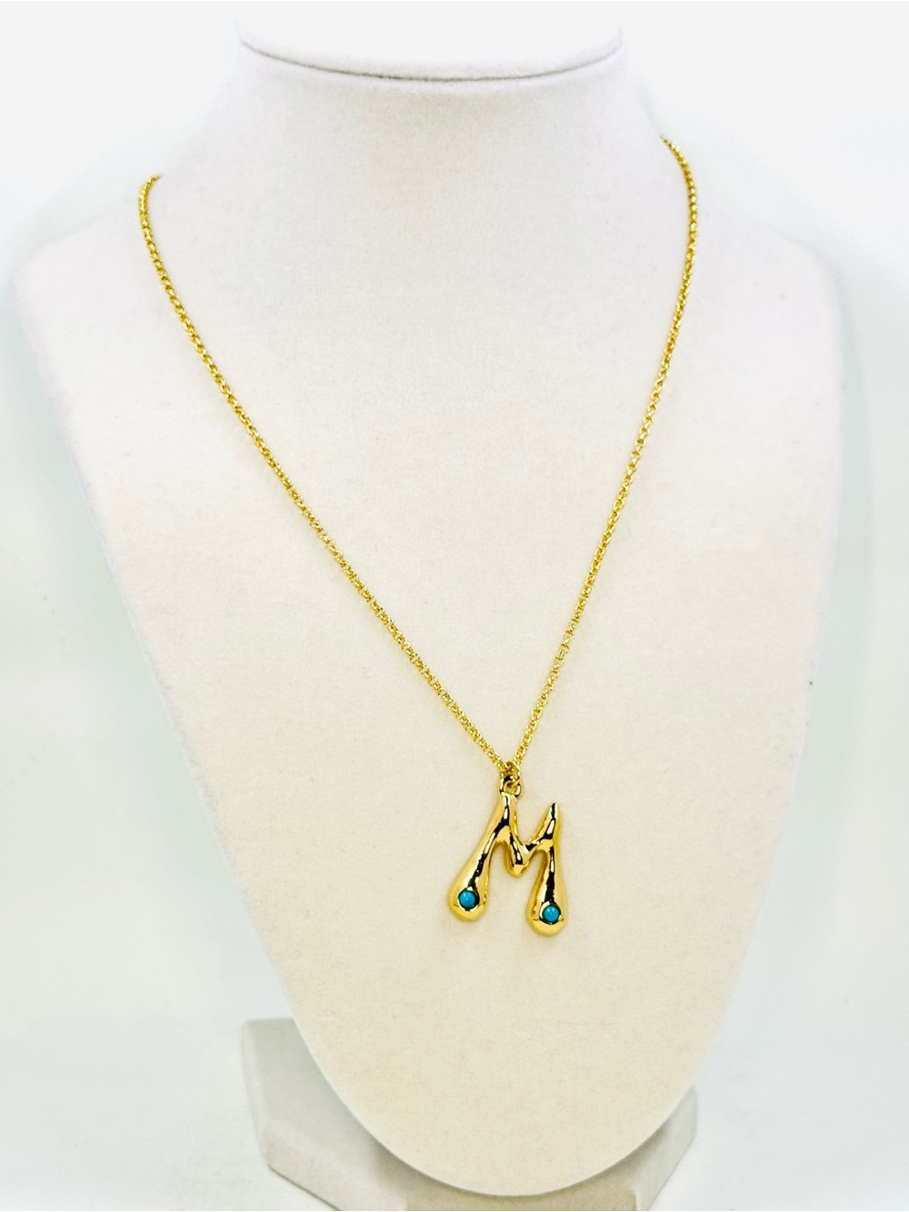 Mayamar 18k Gold Plated Bubble 'M' Initial Necklace W/Turquoise Stones 18” NWT